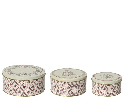 Visuel 1 du produit Boîte ronde métallique beige décor sapin baies vert et rouge moyen modèle - Ø 17 x H 8 cm