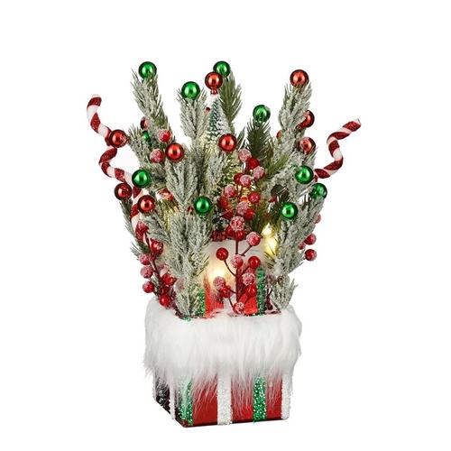 Visuel 1 du produit Cadeau avec sapin décoré de boules vertes et rouges avec LED à pile - 20 x 20 x 37 cm