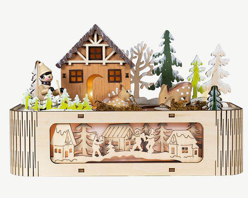 Visuel 1 du produit Scénette musicale maison et forêt en bois à 5 LED blanc chaud sur piles - 22 x 11 x 14 cm