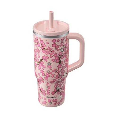 Visuel 1 du produit Travel cup isotherme en inox à motifs fleurs rose pastel avec bouchon étanche Qwetch - 900 ml