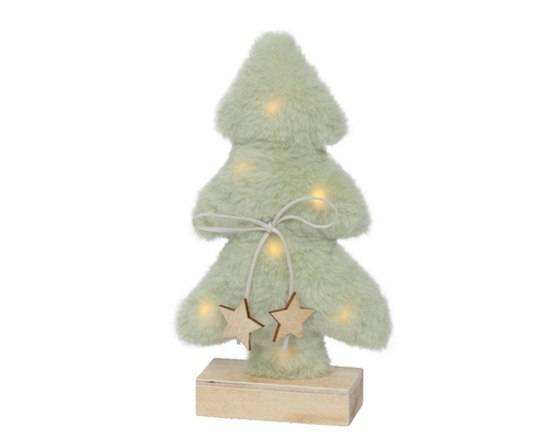 Visuel 1 du produit Sapin en fourrure vert clair à micro LED blanc chaud sur socle en bois - 5 x 14 x 24,5 cm