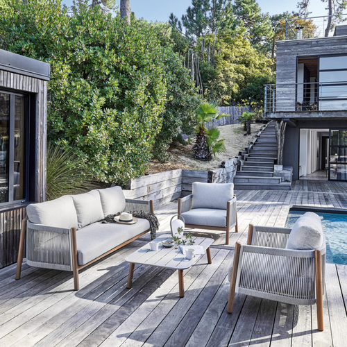 Visuel 2 du produit Salon de jardin en aluminium et résine coloris beige Dériveur - 4 éléments (canapé, table basse et deux fauteuils)