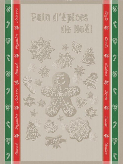 Visuel 1 du produit Torchon coloris lin en coton à bordures rouges et vertes Jacquard Gingerbread - 50 x 70 cm