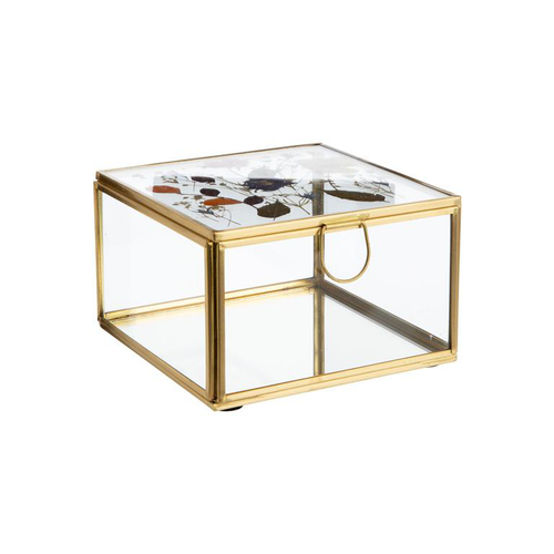 Visuel 3 du produit Boîte carrée en verre et métal doré avec décor fleurs séchées grand modèle - 13 x 13 x 8 cm