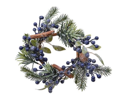Visuel 1 du produit Couronne de sapin vert et baies givrées bleues en PE - Ø 20 x H 2 cm