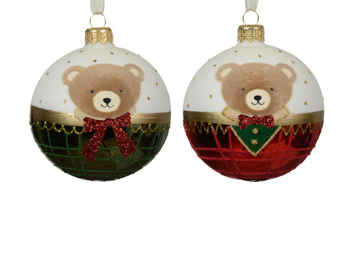 Visuel 1 du produit Boule en verre brillante rouge et vert pin avec décor ours classique - Ø 8 cm