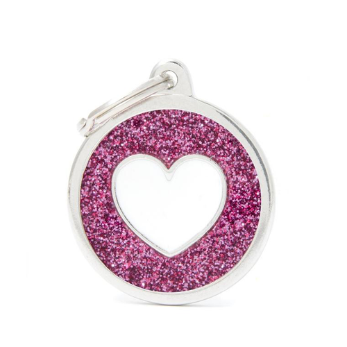 Visuel 1 du produit Médaille à graver pour chien coloris rose pailleté grand cercle avec un cœur blanc Myfamily Shine