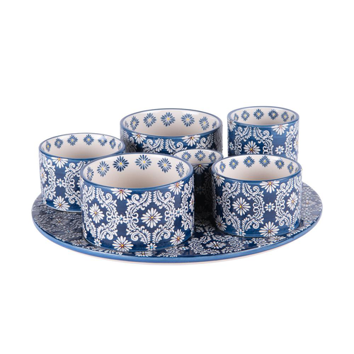 Visuel 1 du produit Service apéritif en gré bleu peint à la main Almada - 1 plateau et 6 coupelles