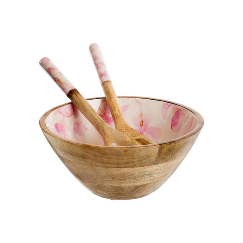 Visuel 2 du produit Saladier en bois de manguier intérieur décor cerisier rose – Ø 24 x H 11 cm