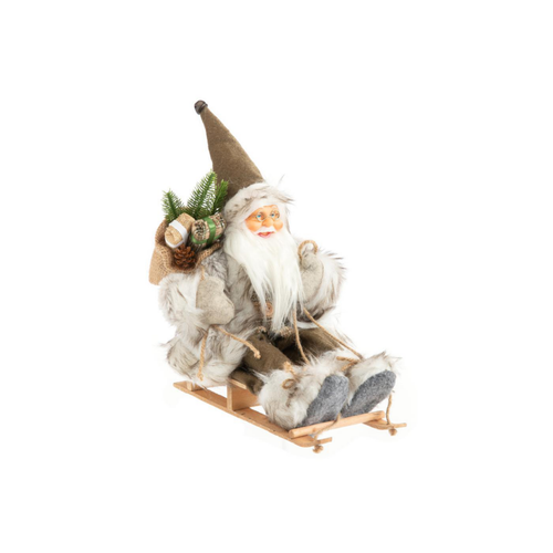 Visuel 1 du produit Père Noël trappeur beige, marron et vert sur luge avec hotte - 30 cm