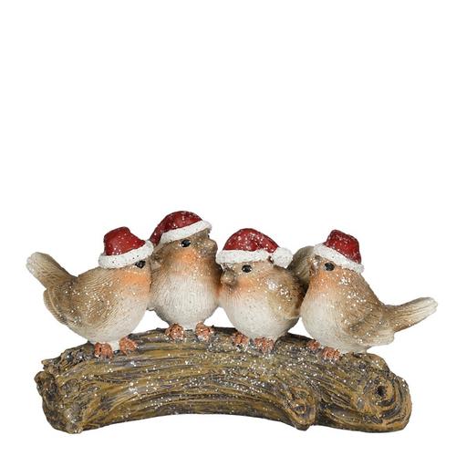Visuel 1 du produit Oiseaux à bonnet de père noël sur une branche à poser en polyrésine marron - 17,5 x 8 x 9 cm