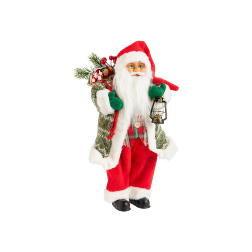 Visuel 1 du produit Père Noël à tartan vert et rouge avec hotte et lanterne - 60 cm