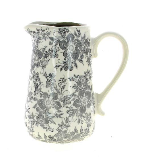 Visuel 1 du produit Cruche décorative en céramique beige à motif floral gris - Ø 14,5 x H 23 cm