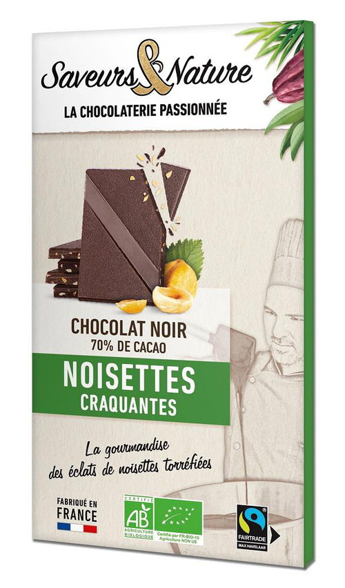 Visuel 1 du produit Tablette de chocolat noir 70% noisettes bio Saveur et Nature - 80 g