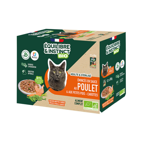 Visuel 1 du produit Aliment humide pour chat adulte bio poulet petits pois carottes Équilibre & Instinct - 12 x 85 g