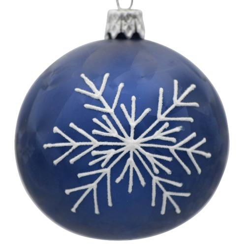 Visuel 1 du produit Boule de Noël en verre bleu foncé à motif flocon blanc - Ø 7 cm