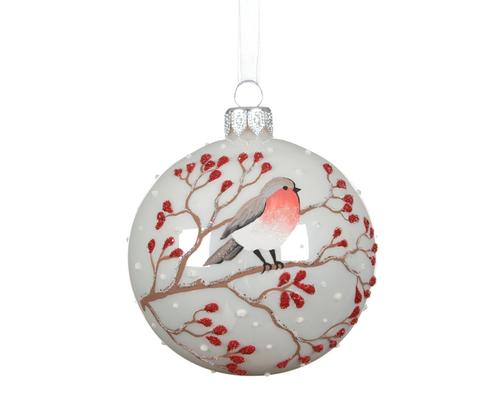 Visuel 1 du produit Boule de Noël en verre blanc à motif oiseau sur branche rouge - Ø 8 cm