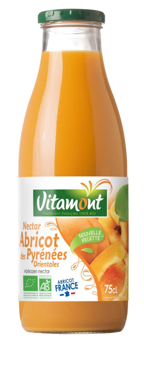 Visuel 1 du produit Nectar abricot des Pyrénées Orientales Bio en bouteille de verre Vitamont - 75 cl