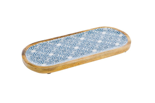 Visuel 1 du produit Plateau ovale en bois de manguier émaillé décor graphique blanc/bleu - 46 x 25 cm