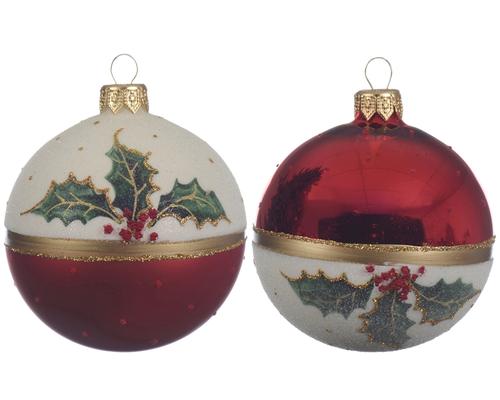 Visuel 1 du produit Boule de Noël en verre rouge et blanc à décor de houx vert - Ø 8 cm