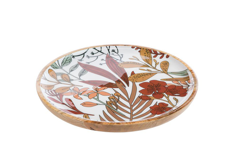 Visuel 1 du produit Plateau rond en bois de manguier marron avec décor émaillé floral multicolore – Ø 30 cm