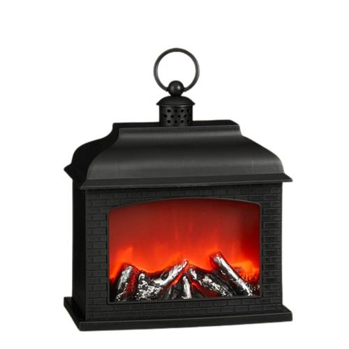 Visuel 1 du produit Décoration de Noël lumineuse lanterne fausse cheminée en PVC coloris noir LED blanc chaud à piles avec minuteur - H 28,5 cm