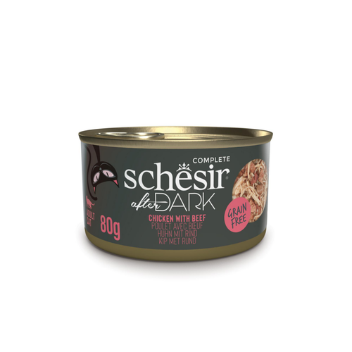 Visuel 1 du produit Alimentation humide pour chat filets en bouillon poulet avec bœuf Schesir After Dark - boîte de 80 g