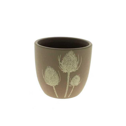 Visuel 1 du produit Cache-pot en céramique taupe à motif de chardon - Ø 13,5 x H 12,5 cm