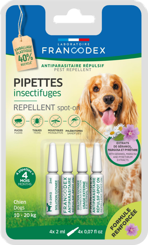 Visuel 1 du produit Pipettes antiparasitaires répulsives pour chien 10 à 20 kg Francodex - 4 x 2 ml