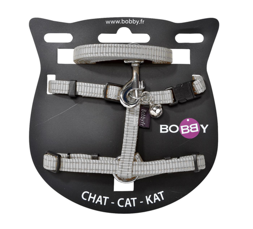 Visuel 1 du produit Ensemble sellerie pour chat coloris gris en nylon harnais et laisse Bobby Safe - Taille XS
