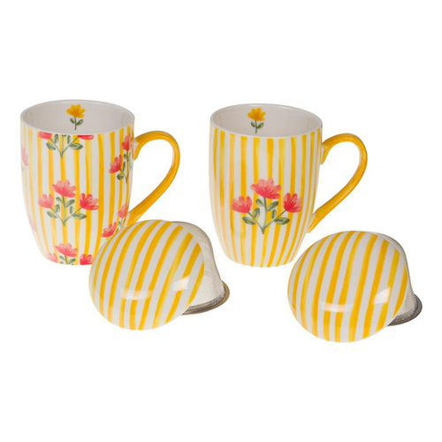 Visuel 2 du produit Coffret mug en céramique à rayures jaunes et motif fleurs avec filtre Louise - 12 x 9 x 12 cm