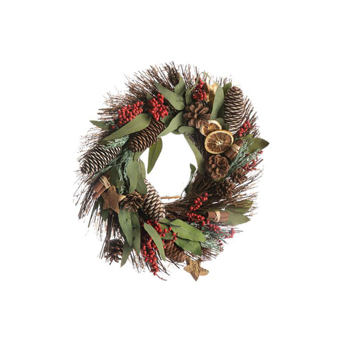 Visuel 1 du produit Couronne artificielle feuillage et pommes de pin décorée de fleurs séchées rouges - Ø 45 cm