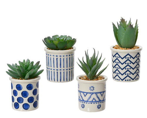 Visuel 1 du produit Succulente artificielle verte dans cache-pot en bleu - Ø 5,5 x H 9 cm