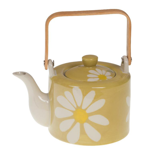 Visuel 1 du produit Théière avec infuseur en grès jaune à fleurs et anse bambou Daisy - 19 x 18 x 12 cm