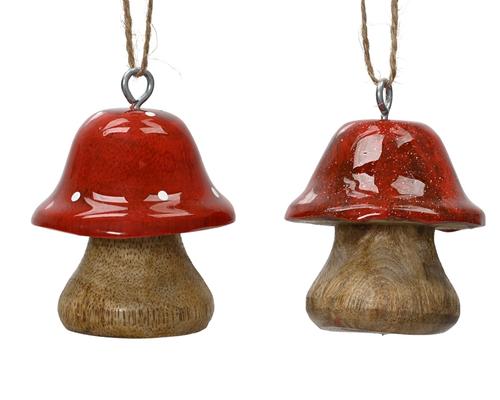 Visuel 1 du produit Suspension champignon en bois de manguier à chapeau bordeaux - Ø 5 x H 5 cm