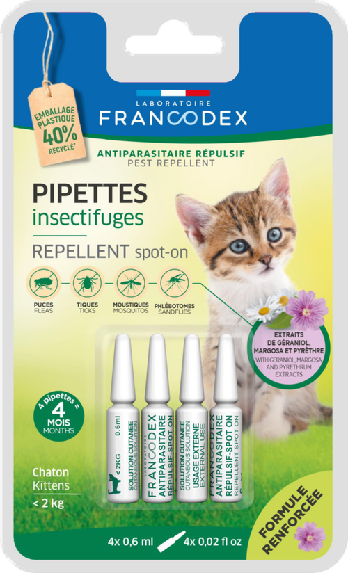 Visuel 1 du produit Pipettes antiparasitaires répulsives pour chaton Francodex - 4 x 0,6 ml