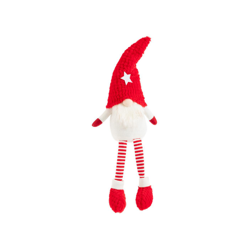 Visuel 1 du produit Gnome rouge et blanc assis avec bonnet étoile et jambes flexibles - 66 cm