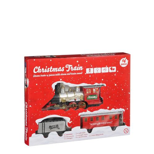 Visuel 1 du produit Train de Noël coloris rouge 14 pièces avec vapeur et effets sonores à piles - L 120 x l 88 x H 10 cm