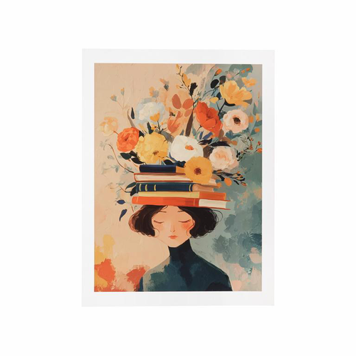 Visuel 1 du produit Affiche femme avec livres et fleurs - 30 x 40 cm
