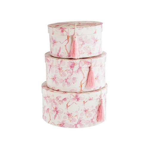 Visuel 1 du produit Boîtes rondes en papier à décor floral rose et crème et couvercle à pompon - les 3 boîtes