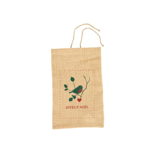 Visuel 1 du produit Pochette cadeau en jute décor oiseau vert et rouge - 25 x 40 cm