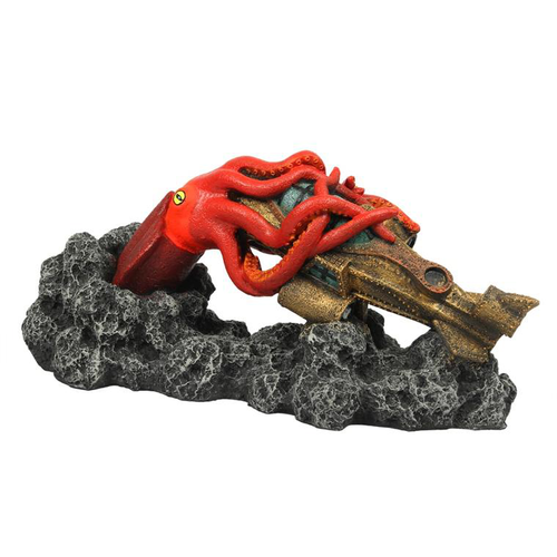 Visuel 1 du produit Décor aquarium calamar géant Jules Verne coloris rouge en résine de polyester