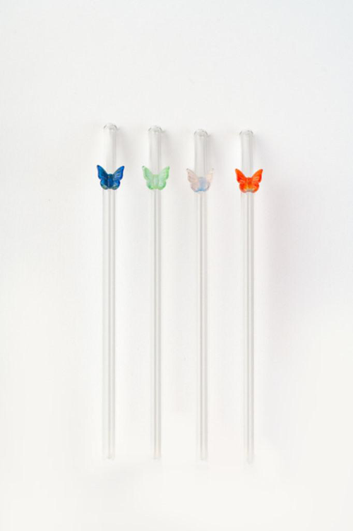 Visuel 1 du produit Coffret de 4 pailles en verre transparent avec papillon - Ø 0,8 x H 17 cm