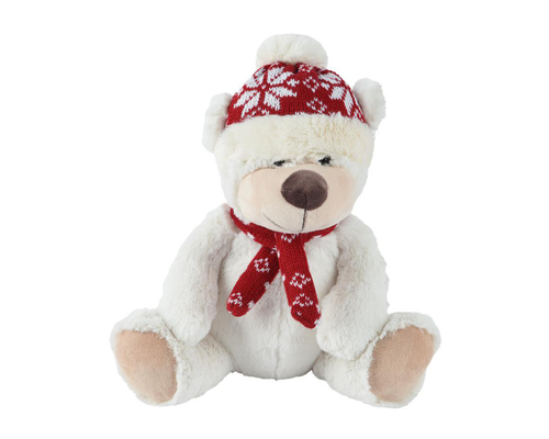 Visuel 1 du produit Ours en peluche blanc avec bonnet et écharpe tricotés rouges - 15 x 10 x 20 cm
