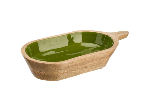 Visuel 1 du produit Saladier ovale uni coloris vert en manguier émaillé - 36 x 18 x 7 cm