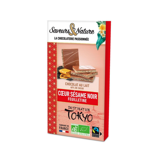 Visuel 1 du produit Tablette chocolat au lait fourrée sésame noir et feuilletine bio Saveurs et Nature - 90 g