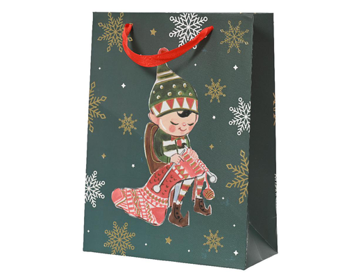 Visuel 1 du produit Sac cadeau en papier métallisé vert décor elfe petit modèle - 8 x 18 x 24 cm