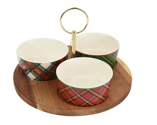 Visuel 1 du produit Ensemble apéro en bois et grès rouge et vert Tartan - Ø 20,3 cm