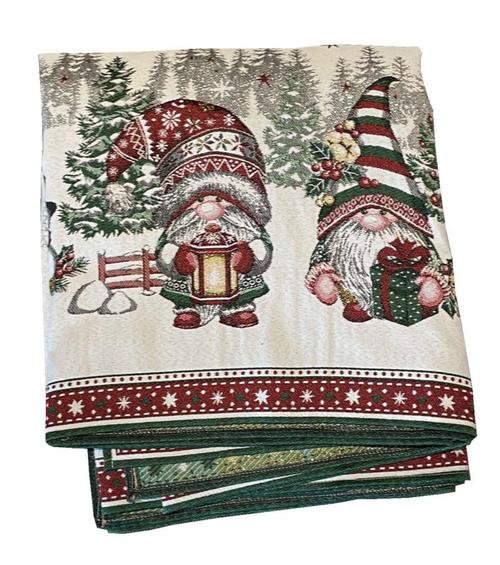 Visuel 1 du produit Nappe carrée blanche en PE/coton à motifs verts et rouges Lutins - 140 x 140 cm