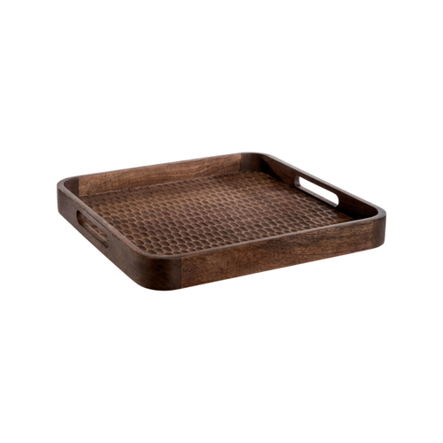Visuel 1 du produit Plateau carré en bois de manguier effet martelé noisette - 34,5 x 34,5 x 4 cm